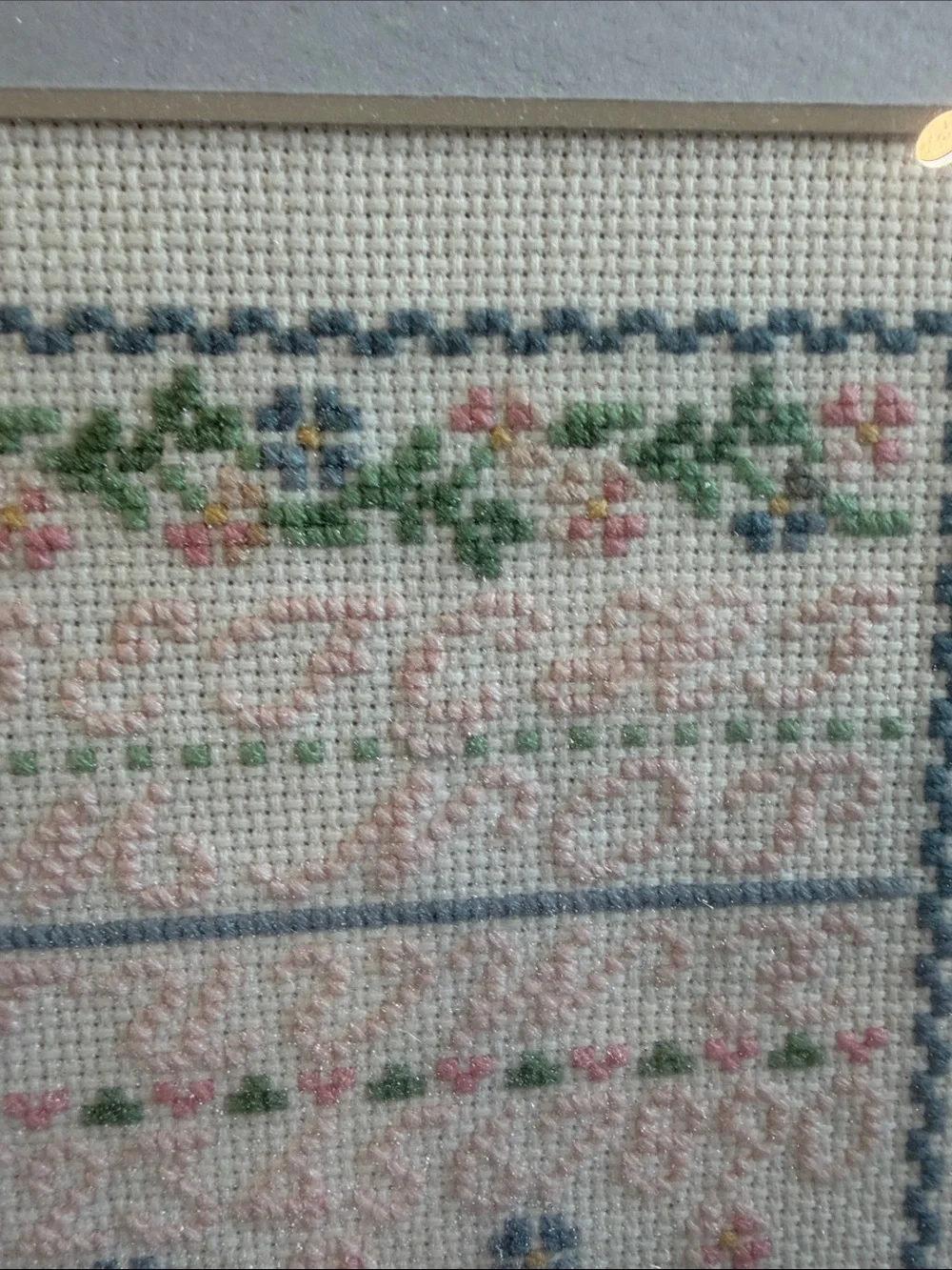 Vintage Framed Floral Cross-Stitch Sampler in Blue and Pink